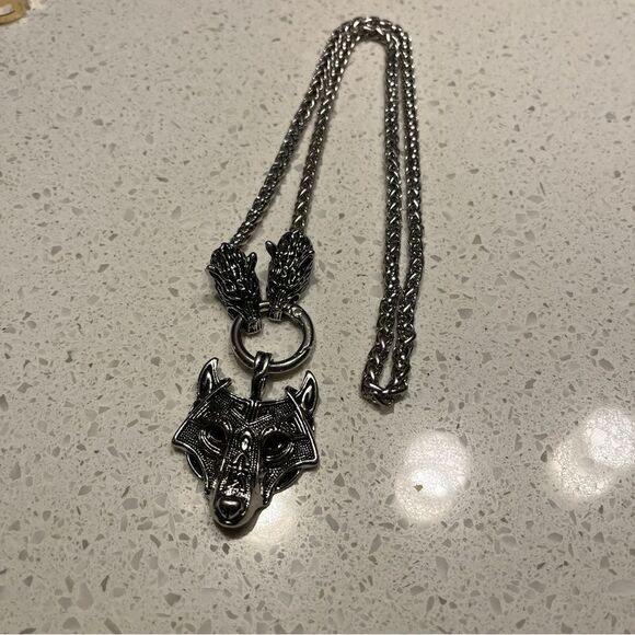 Zinc Alloy Viking Style Wolf Head Pendant Necklace, Retro Amulet Jewelry - Picture 6 of 14